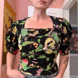Emanuel Ungaro vintage 1980s black floral silk blouse, sz 4, sexy but demure